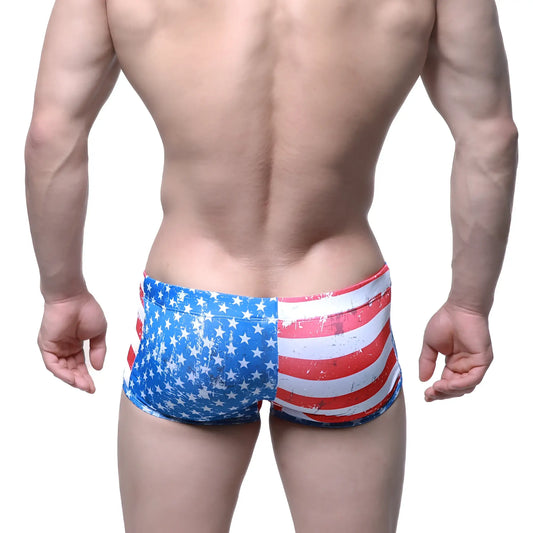 MetroMaleWear flag swim trunk 4938-91 with American flag split design featuring blue stars and red stripes on white