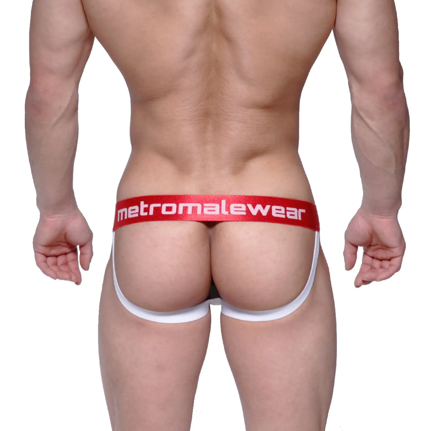 Red and white briefs with bold red waistband featuring metromalewear logo in white from metro malewear flip jock strap white 1421-00