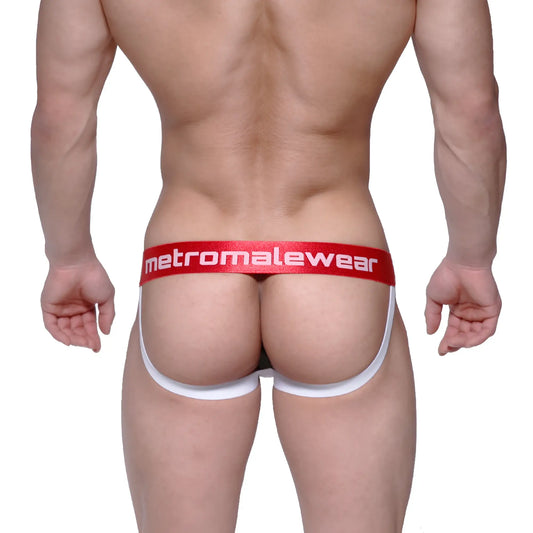 Red and white jockstrap with a bold red waistband featuring the Metro Male Wear logo in white.