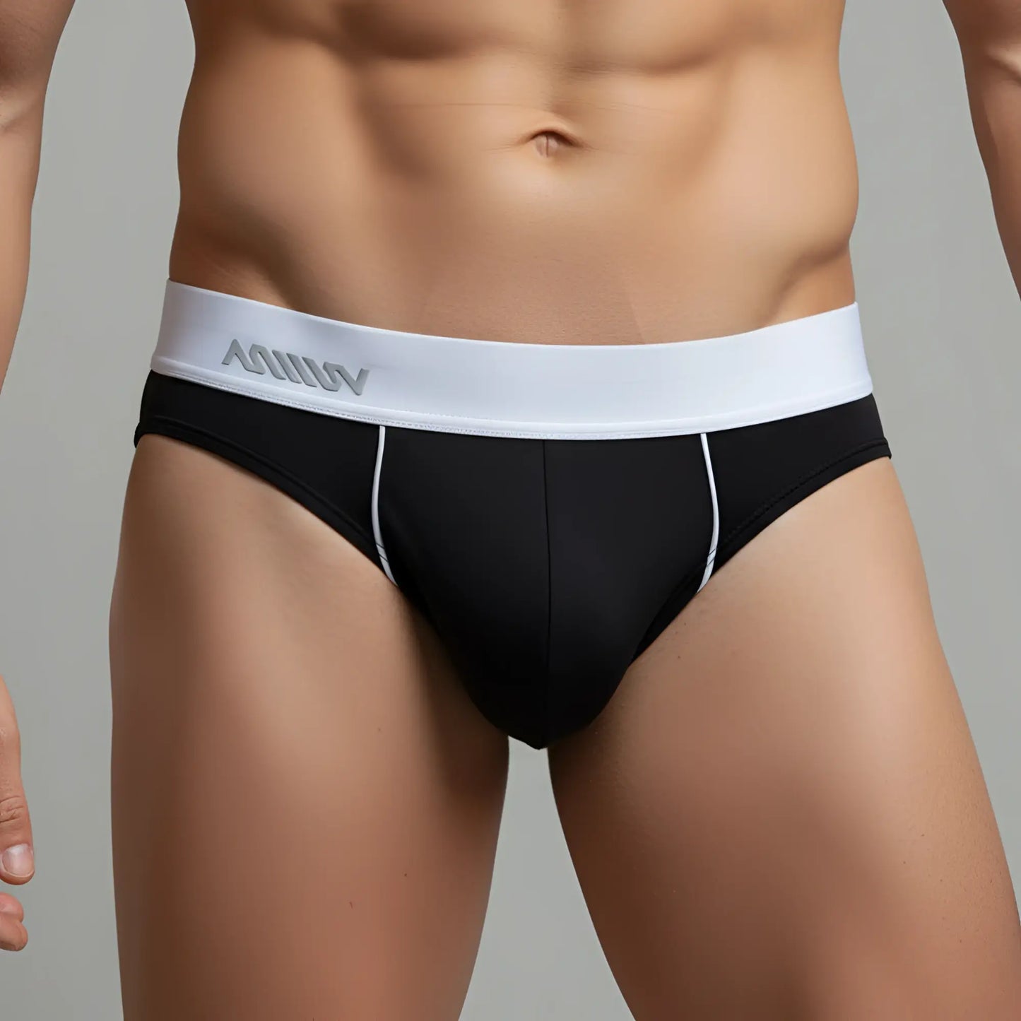 MetroMaleWear flow brief black with white waistband aquav logo gray lettering and subtle white side stitching