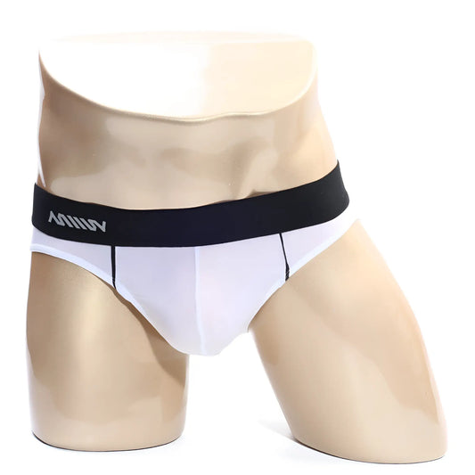 MetroMaleWear flow brief white with black waistband and silver milli logo on elastic for comfortable support