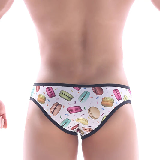 White briefs with playful pink green yellow and beige macaron pattern and black trim metro male wear focus brief 6107-32