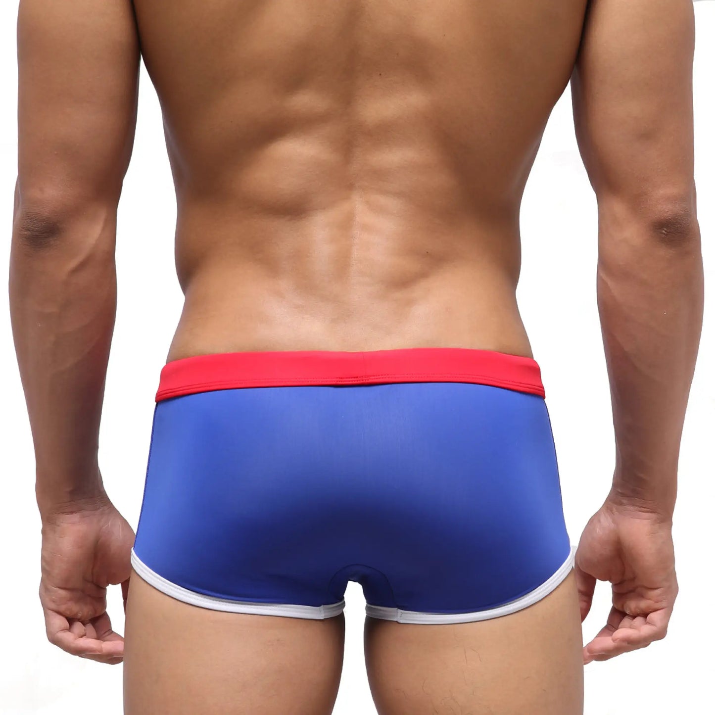 Blue swim trunks with red waistband and white trim from metromalewear fresco swim trunk royal blue 4944-18