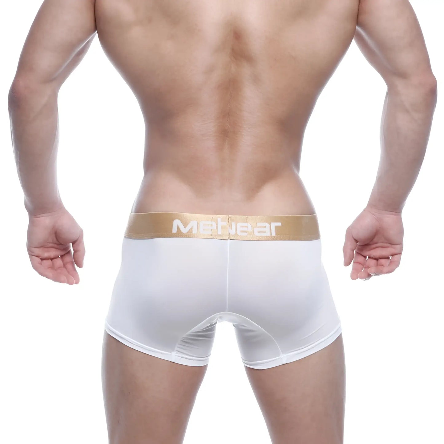 White mens briefs with gold waistband featuring menwear logo from metromalewear fresh short boxer 7 inch 2022 01