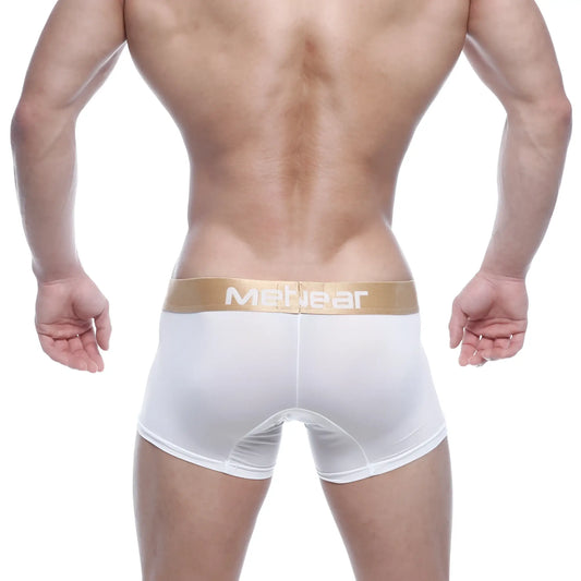 White mens briefs with gold waistband featuring menwear logo from metromalewear fresh short boxer 7 inch 2022 01