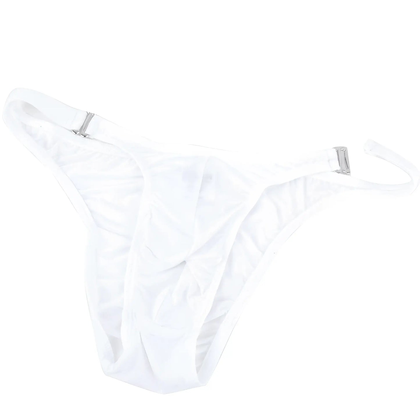 White thong by metromalewear made of smooth stretchy fabric with silver metal clasps at the sides