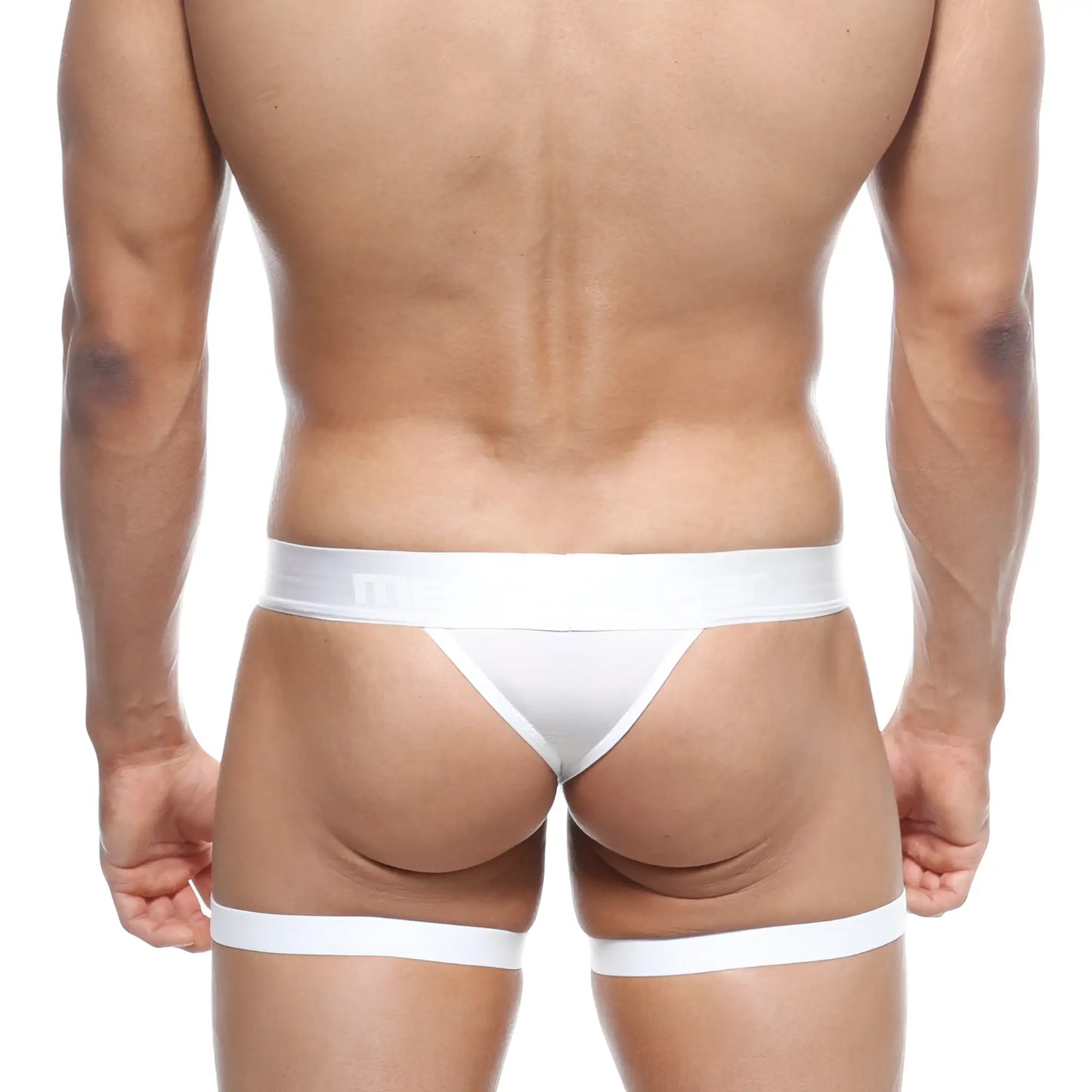 White thong briefs with matching garter leg straps by metromalewear model 2912-22 in front view