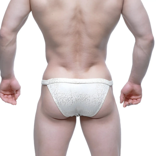 White textured MetroMaleWear Gloria bikini briefs with a subtle shimmering finish for comfortable daily wear