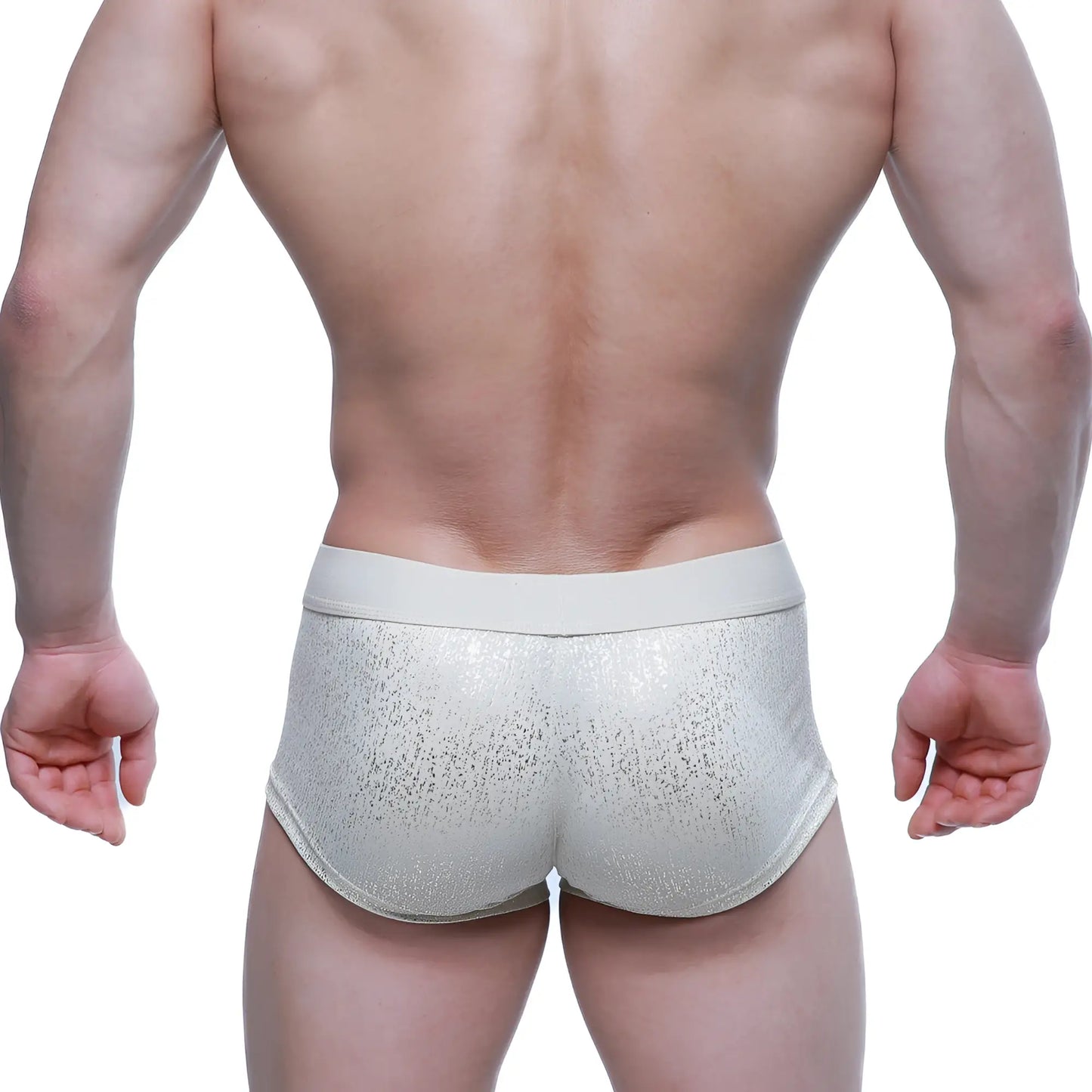 MetroMaleWear Gloria short boxer 2026-57 silver glittery briefs with solid light gray waistband front view