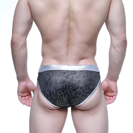 Gray patterned briefs with metallic silver waistband and trim from MetroMaleWear gloss bikini silver 2803-51 collection