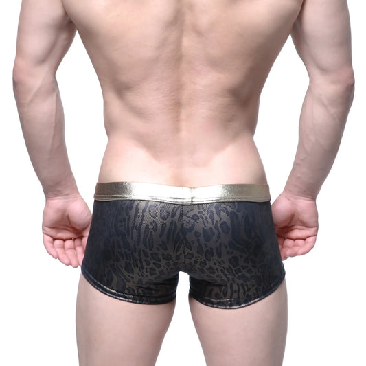 Black leopard-print briefs with shiny gold waistband by MetroMaleWear gloss trunk model 2026-78