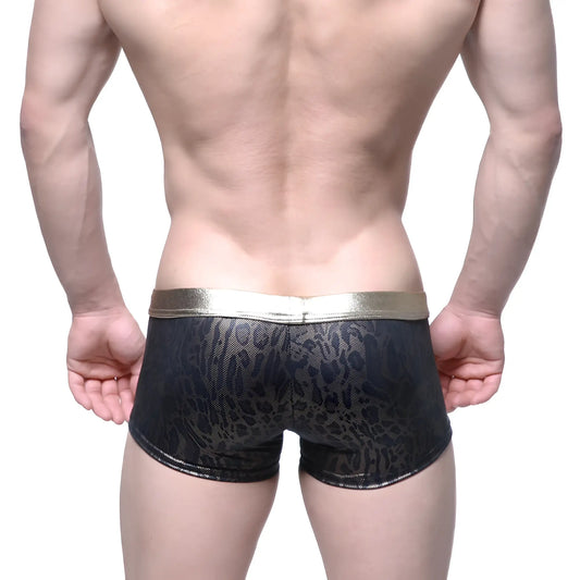 Black leopard-print briefs with shiny gold waistband by MetroMaleWear gloss trunk model 2026-78