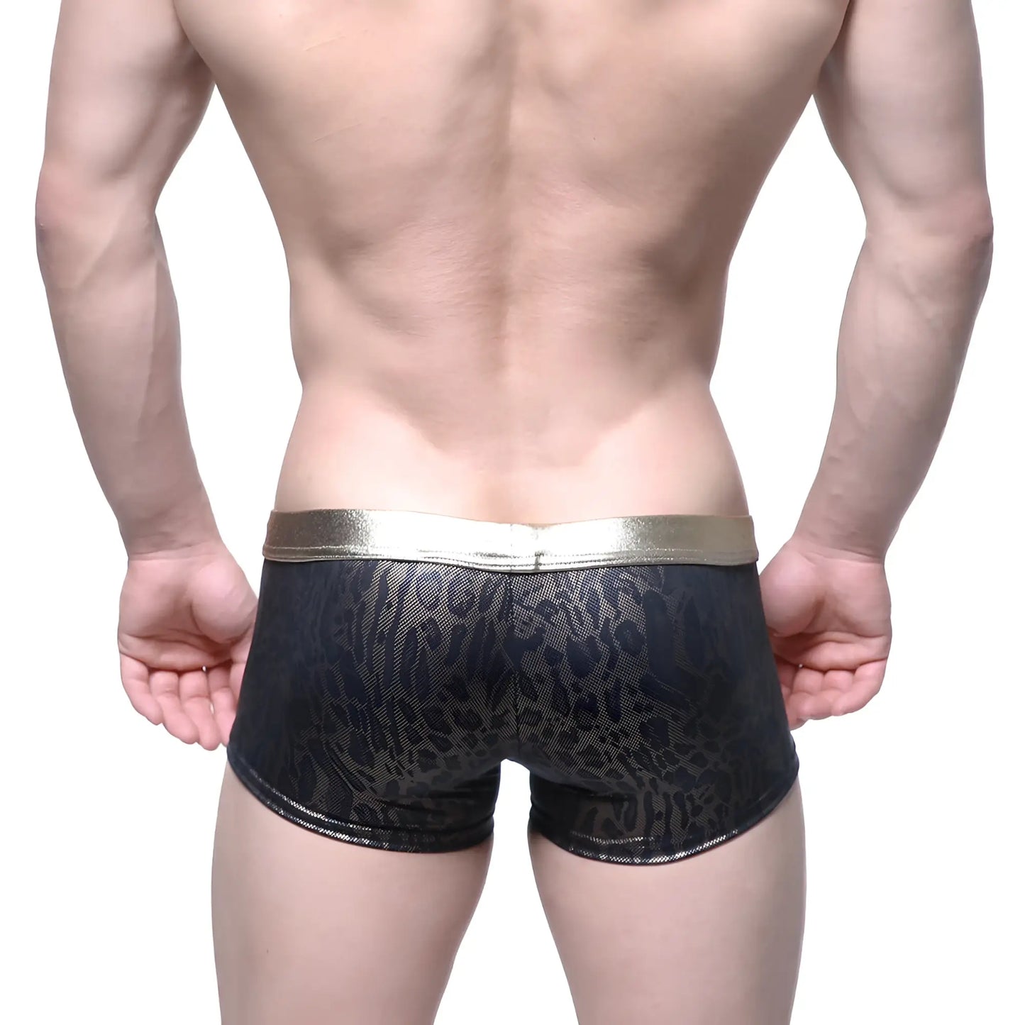 Black leopard-print briefs with shiny gold waistband by MetroMaleWear gloss trunk model 2026-78