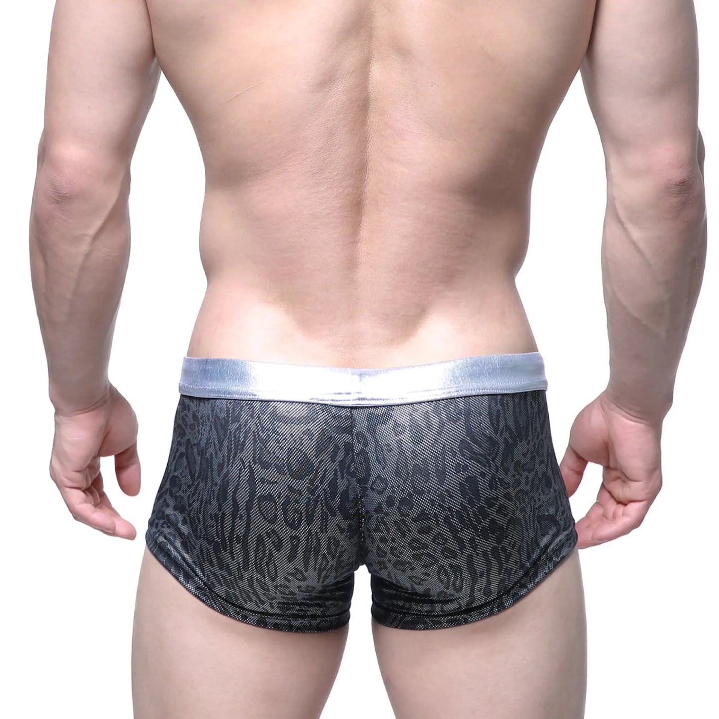 MetroMaleWear GLOSS trunk silver 2026-79 black and gray leopard-print mesh briefs with a shiny silver waistband