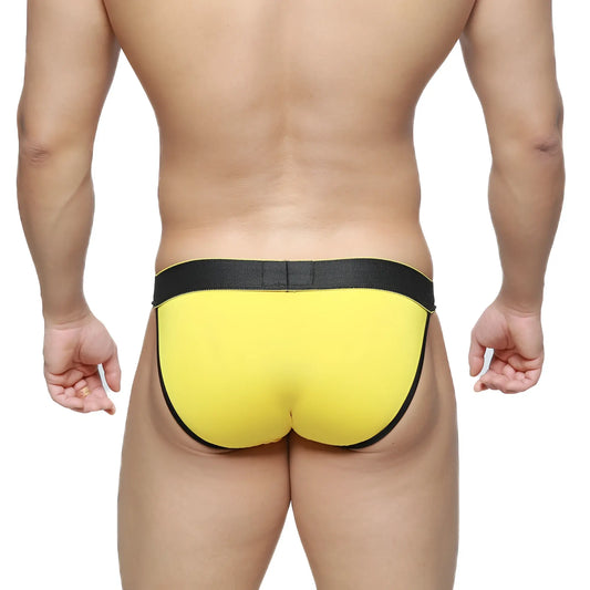 Bright yellow briefs with black elastic waistband and trim by metromalewear goldmine bikini 3004-80