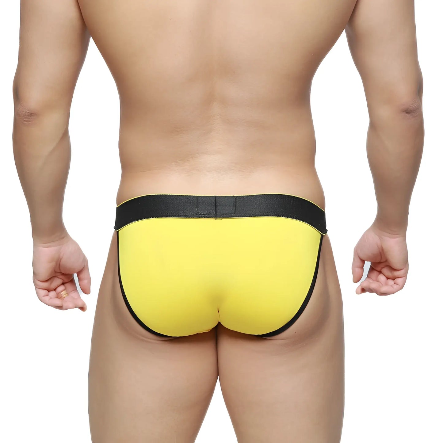 Bright yellow briefs with black elastic waistband and trim by metromalewear goldmine bikini 3004-80