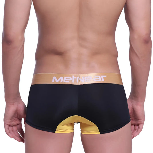 Black and gold metroMalewear goldmine short boxer 7inch 2022-c20 men’s briefs with contrasting yellow back panel