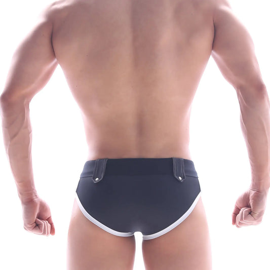 Black MetroMaleWear gothic swim brief with white trim and silver toned belt loops for stylish swimwear use