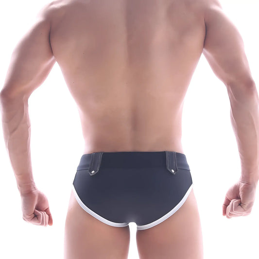 Black MetroMaleWear gothic swim brief with white trim and silver toned belt loops for stylish swimwear use