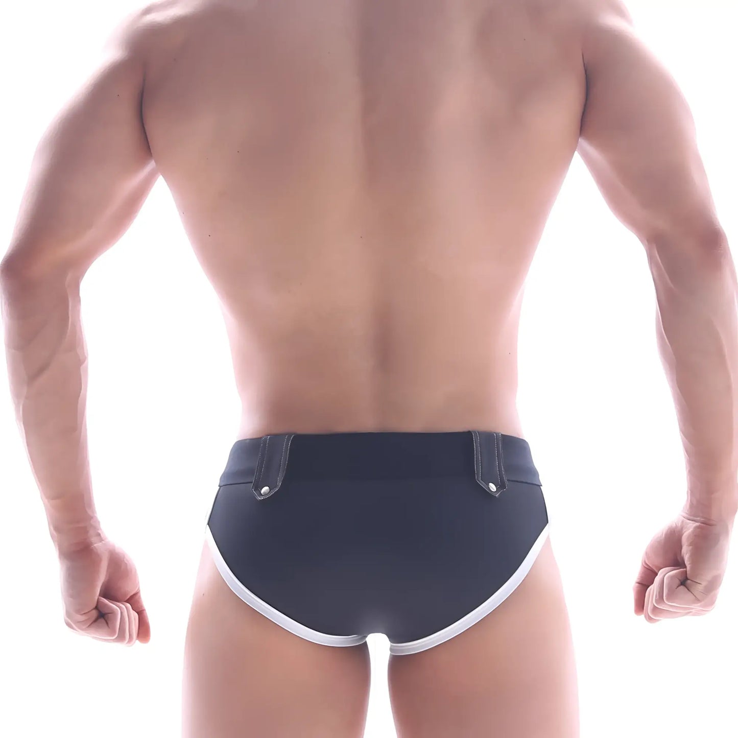Black MetroMaleWear gothic swim brief with white trim and silver toned belt loops for stylish swimwear use