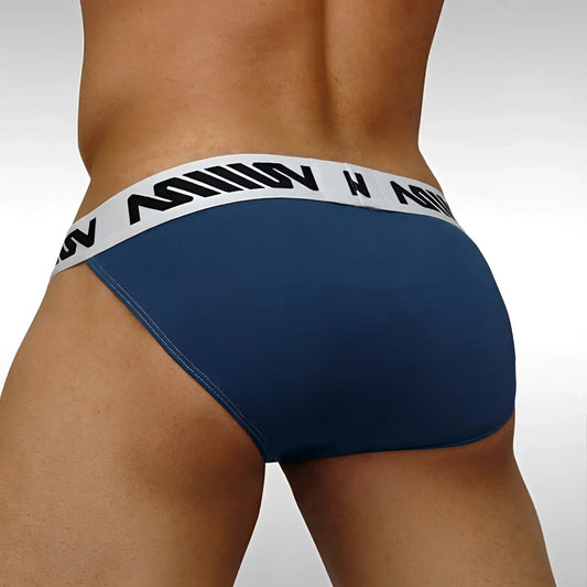 MetroMaleWear Grabit bikini briefs in navy blue with white elastic waistband and black lettering design