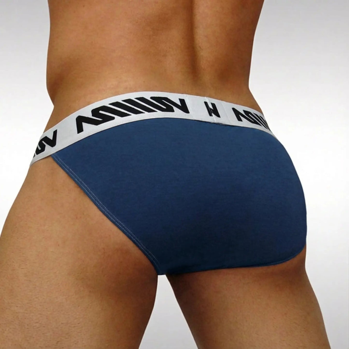 MetroMaleWear Grabit bikini briefs in navy blue with white elastic waistband and black lettering design