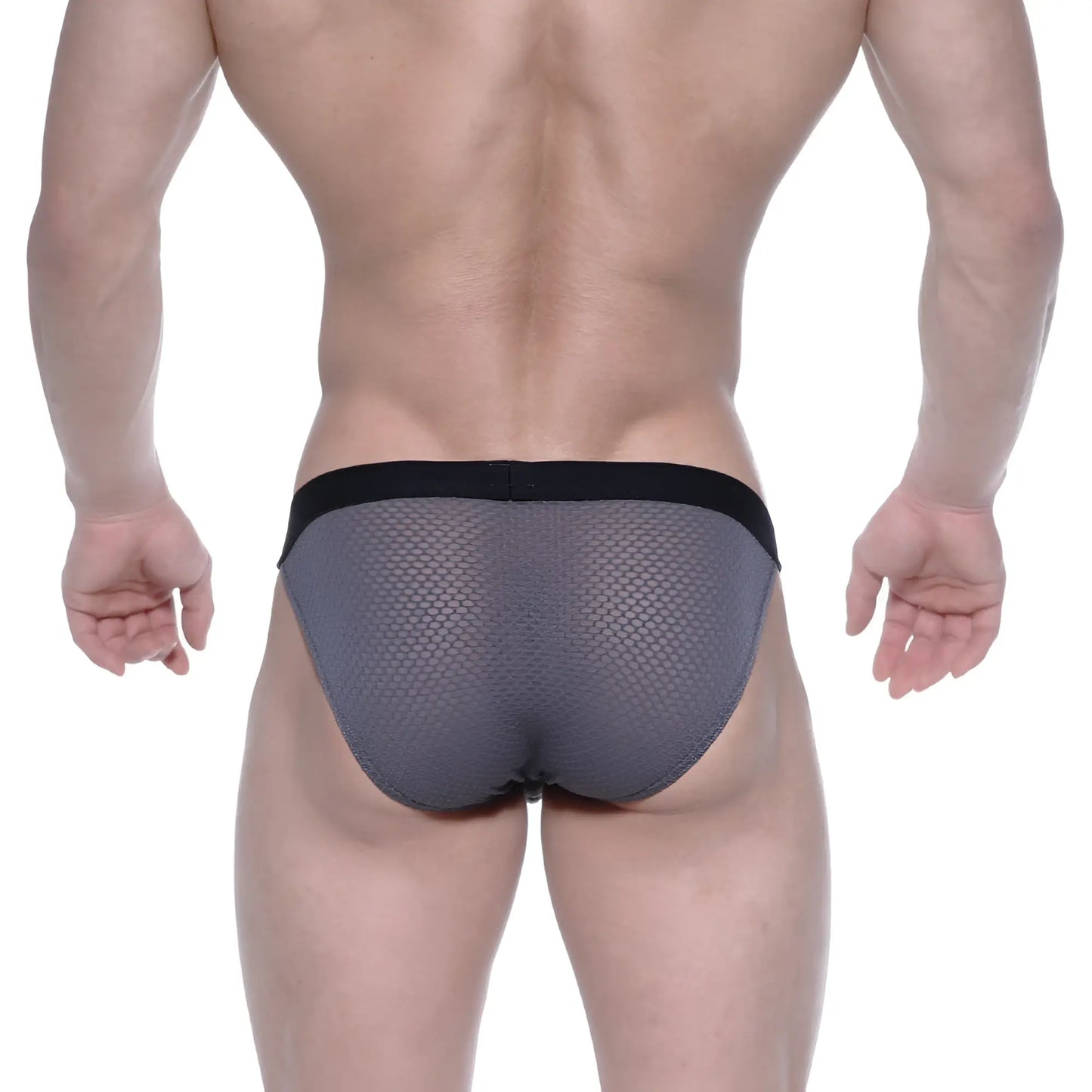 Gray mesh briefs with black elastic waistband from metromalewear grabit bikini 3105-72