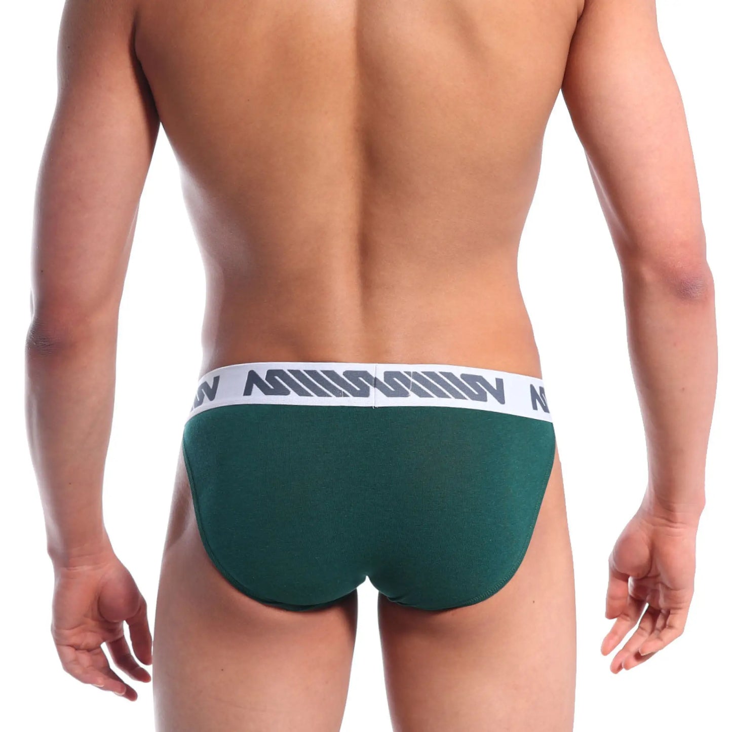 MetroMaleWear Grabit bikini athletic briefs in pine green with white waistband and gray logo pattern