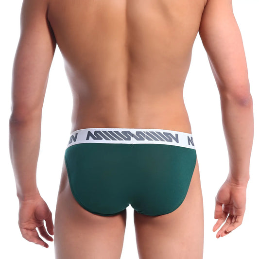 MetroMaleWear Grabit bikini athletic briefs in pine green with white waistband and gray logo pattern