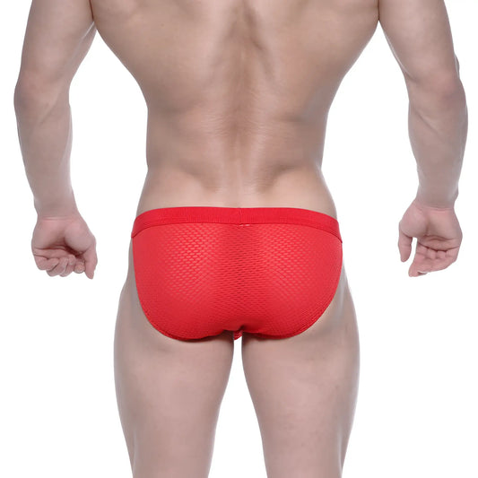 Metro male wear grabit bikini red mesh briefs feature a solid red waistband and breathable mesh material