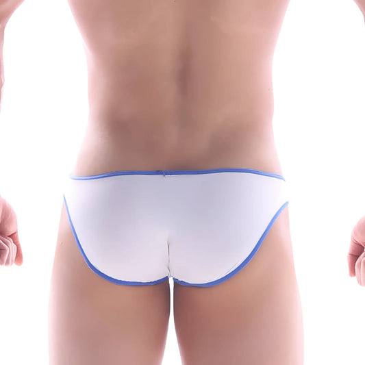 MetroMaleWear Gram Bikini white briefs with blue trim featuring a comfortable fit for everyday wear