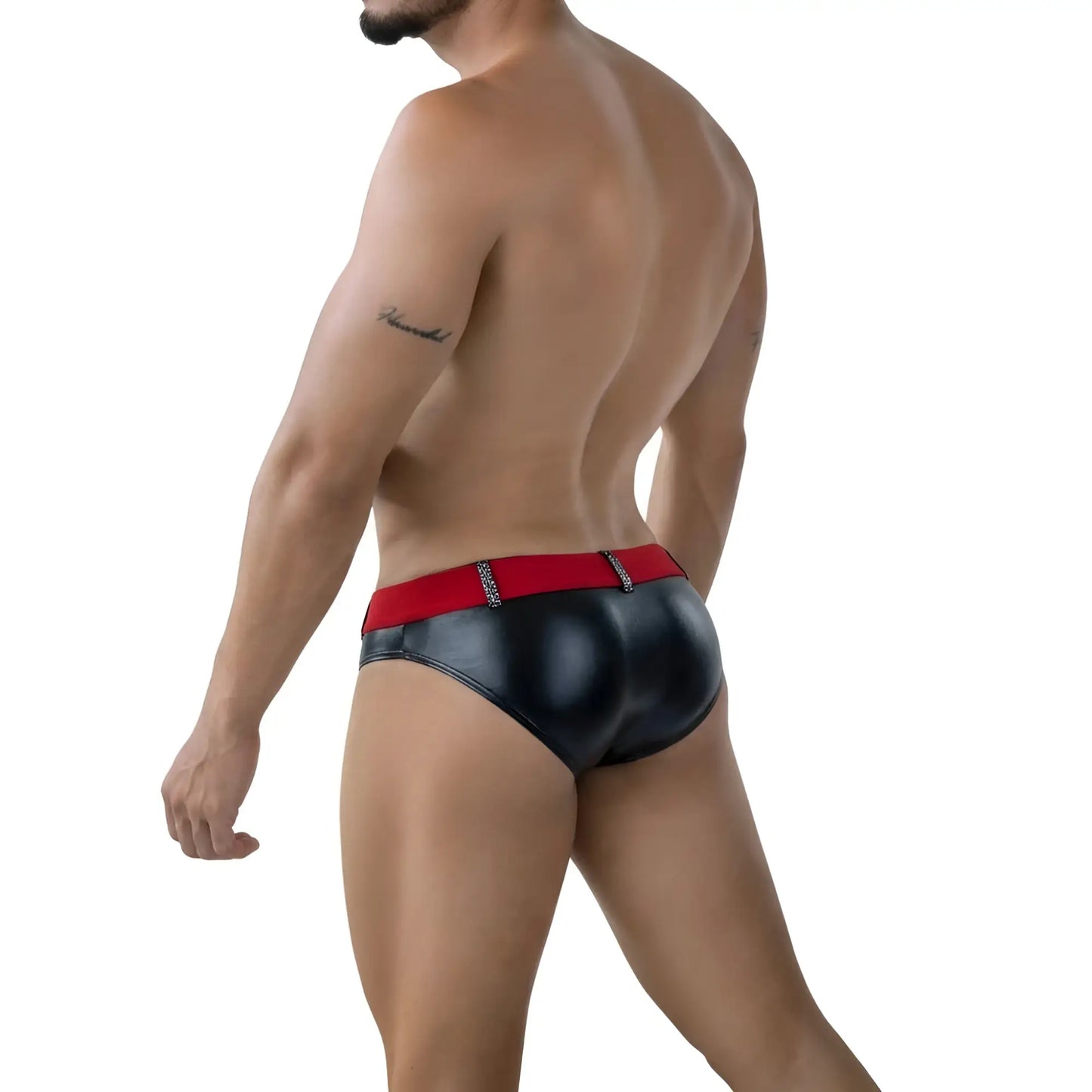 Black patent leather MetroMaleWear Gravity swim briefs with red waistband and silver rhinestone detailing