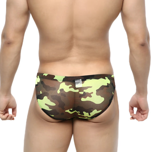 Metromalewear green camo hip brief 5103-81 mesh fabric with green and black camouflage pattern for comfortable wear