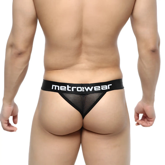 Black mesh thong with metro wear branding on waistband in metroMalewear grid mesh thong black 2912-35 product image