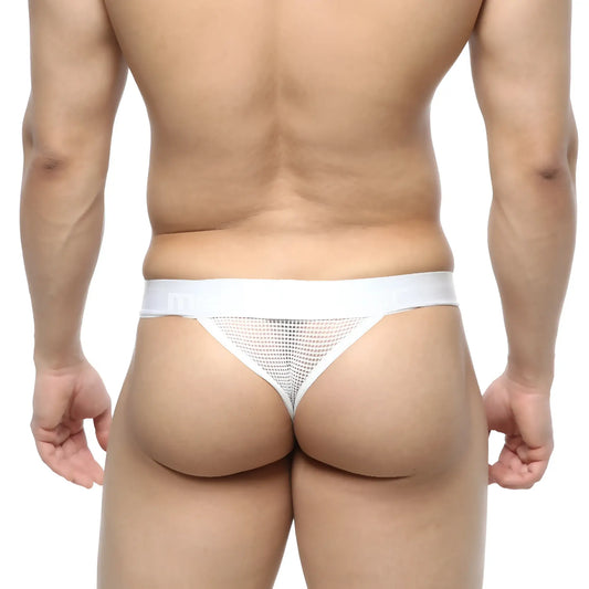 White mesh thong with solid white waistband by metromalewear featuring breathable grid mesh material