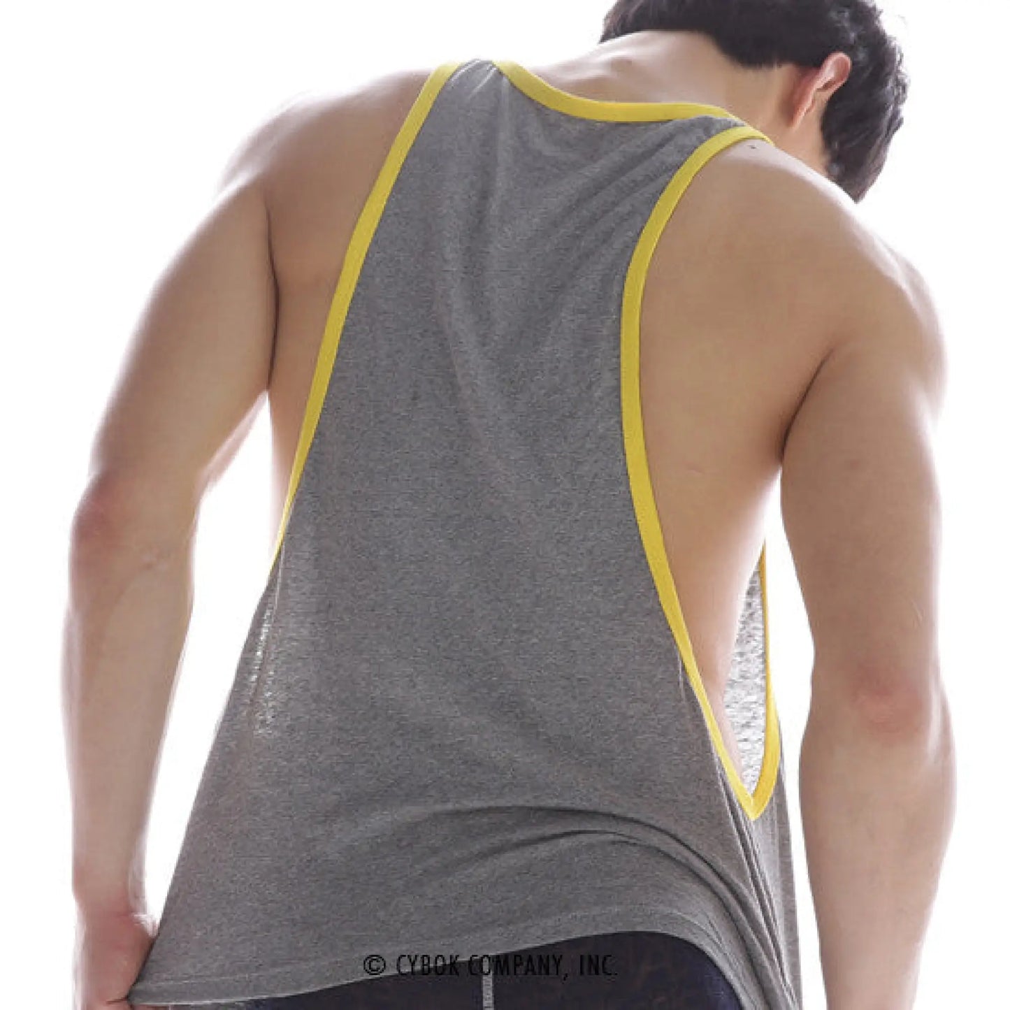 MetroMaleWear gym tank top grey with yellow trim and cutout back showing breathable muscle fit design