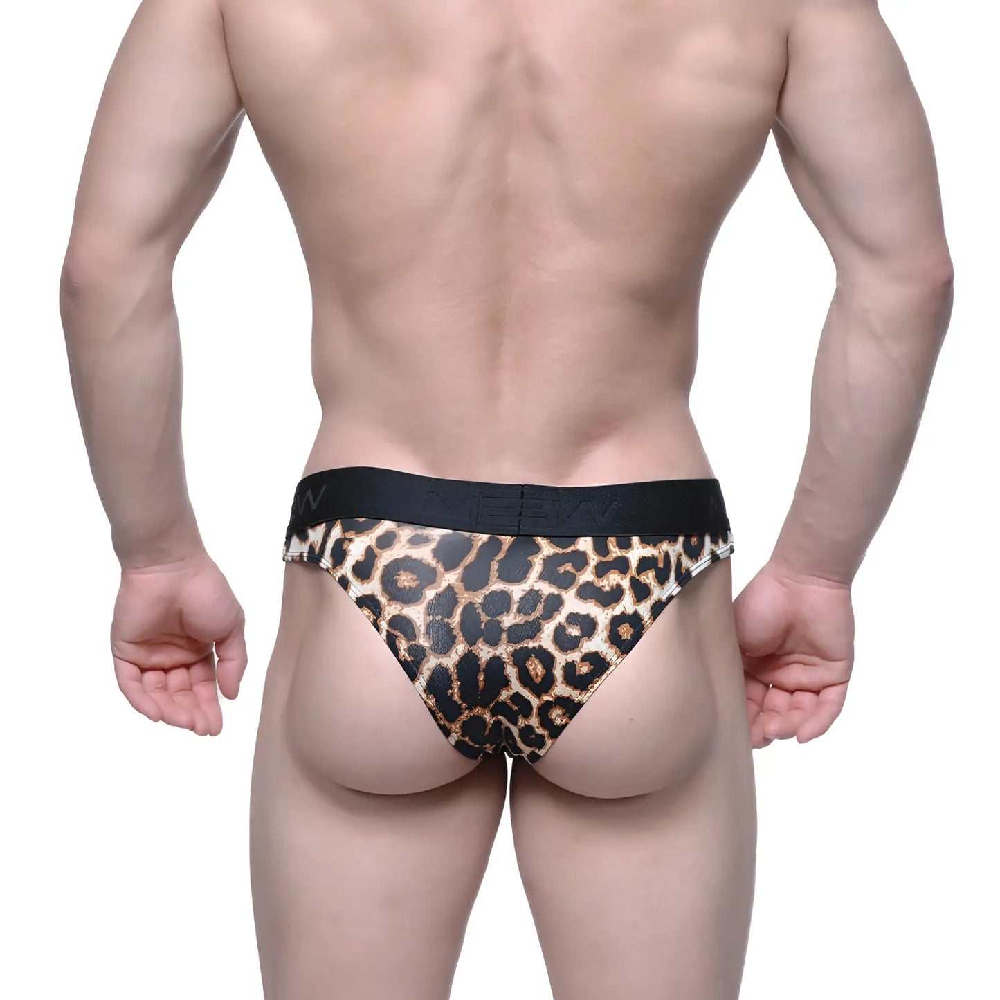 Metro male wear half back bikini leopard 6203-60 leopard print men’s briefs with black elastic waistband back side view