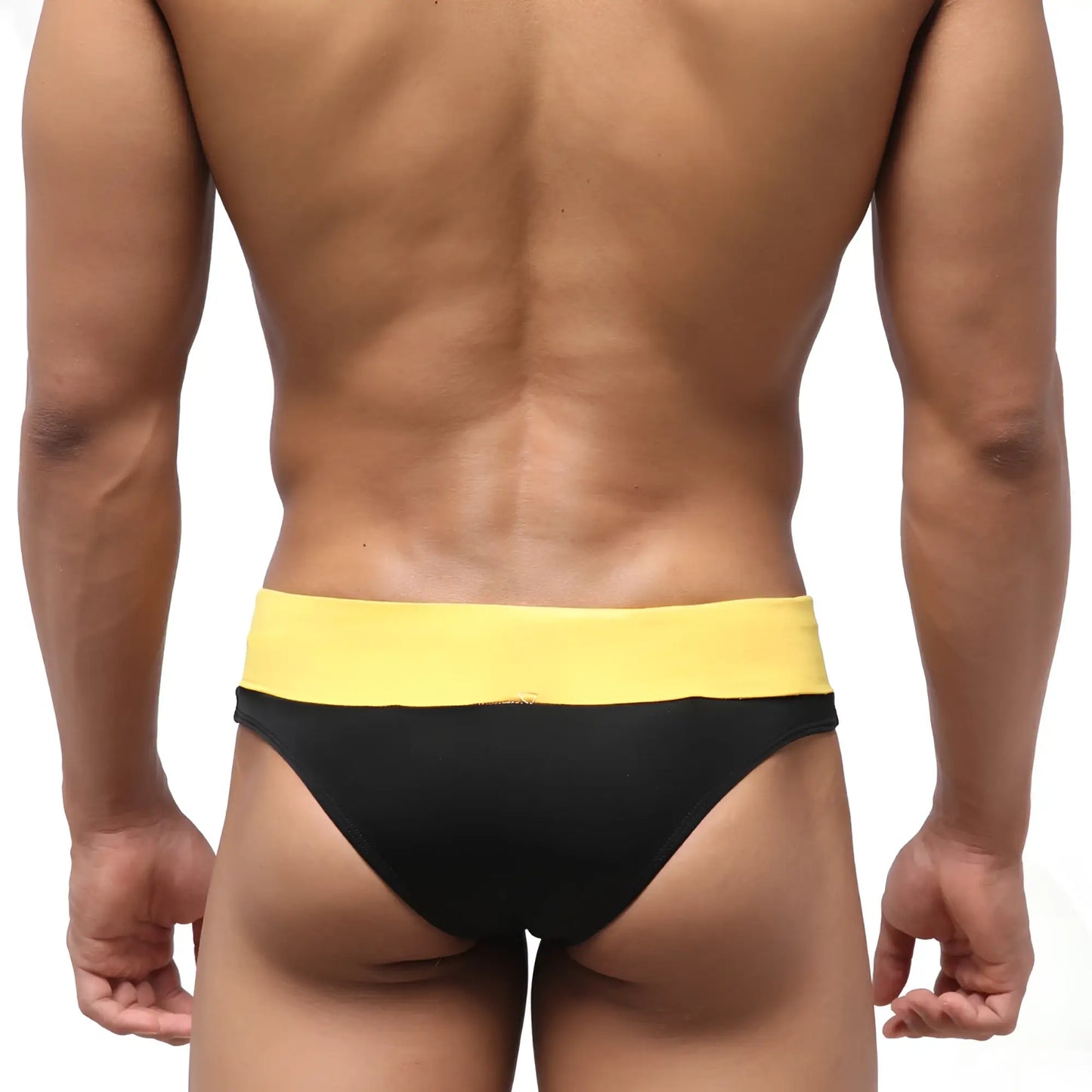 Black and yellow MetroMaleWear halfback swim bikini with wide elastic waistband designed for swimming