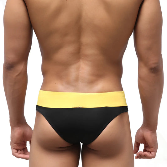 Black and yellow MetroMaleWear halfback swim bikini with wide elastic waistband designed for swimming