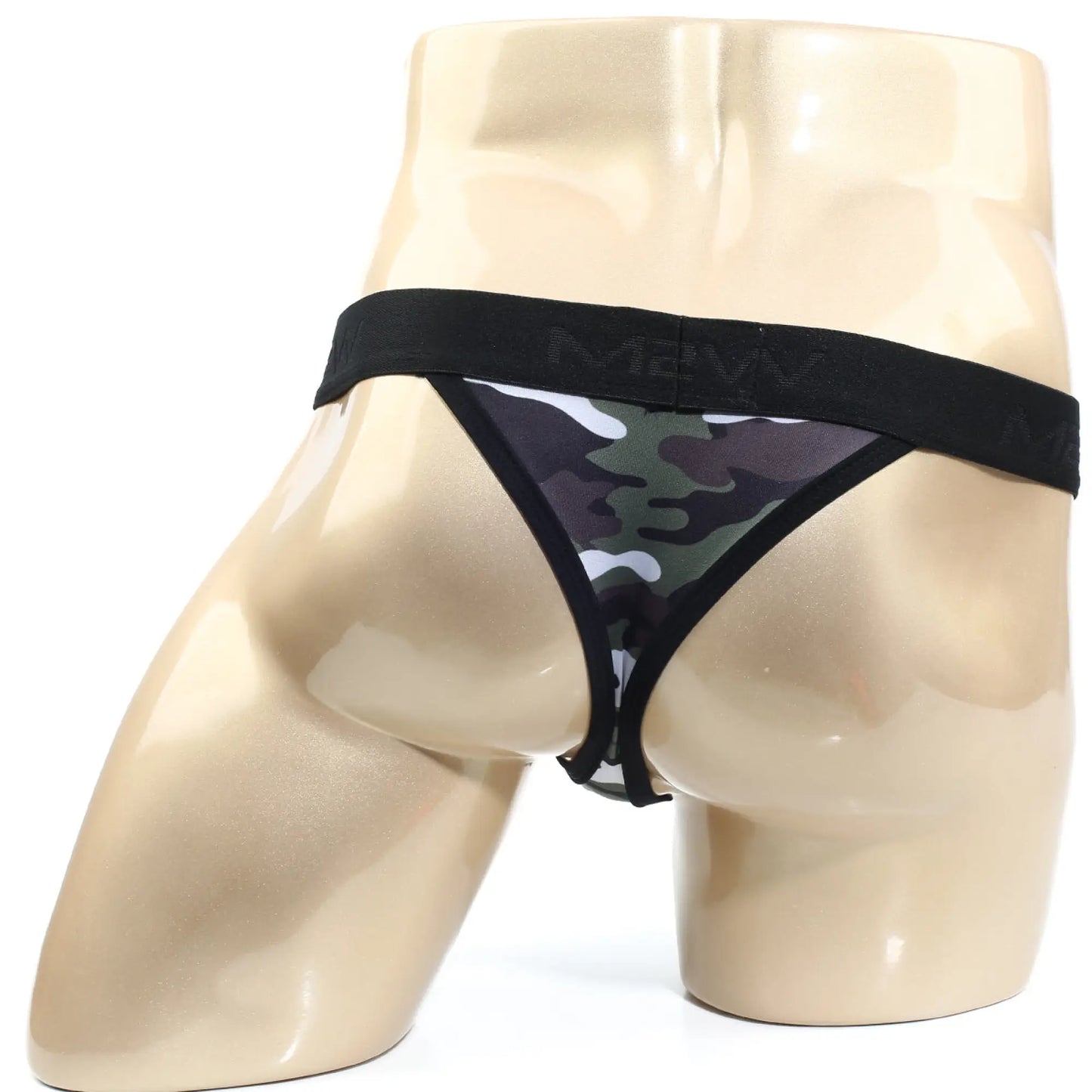 MetroMaleWear hard core thong 2912-60 with black and green camouflage pattern and black elastic waistband shown from front