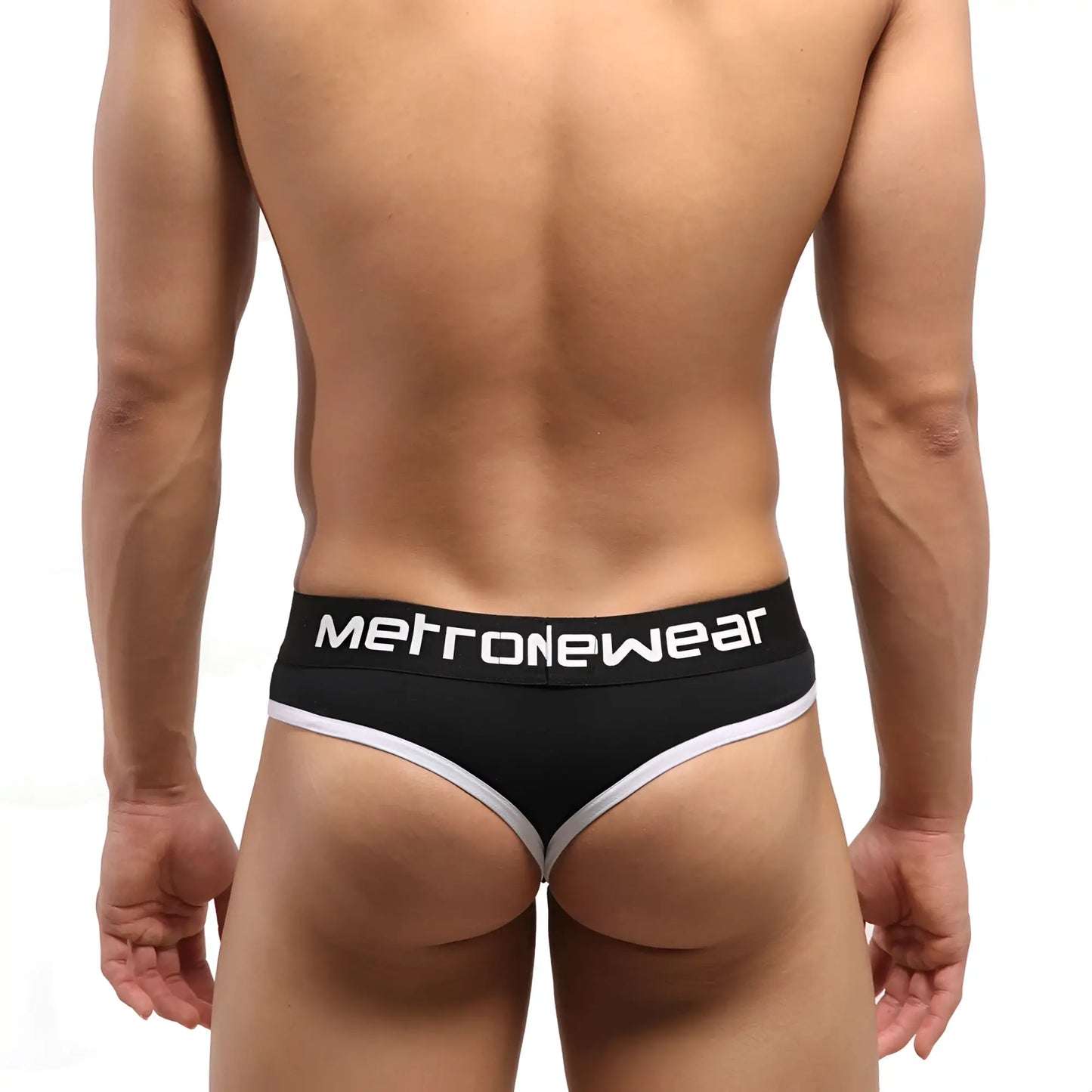 Black metronewear briefs with white trim and branding from metro malewear hat thong white 3302-20 collection
