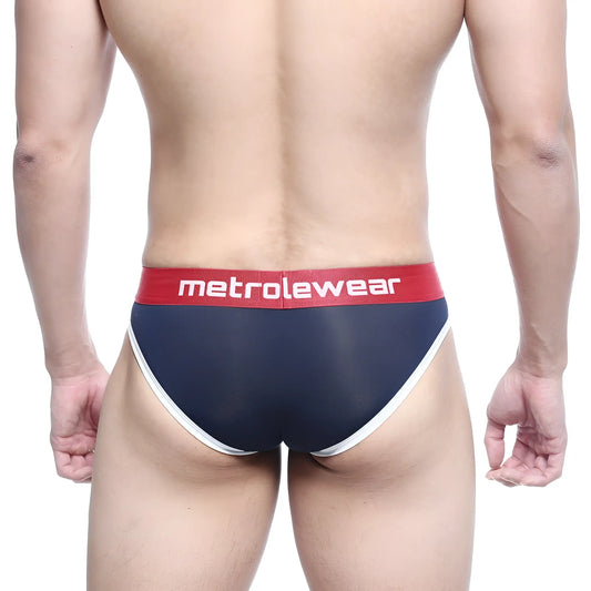Navy blue and white men’s briefs with red waistband featuring metrowear logo metro malewear hawk brief 2803-28