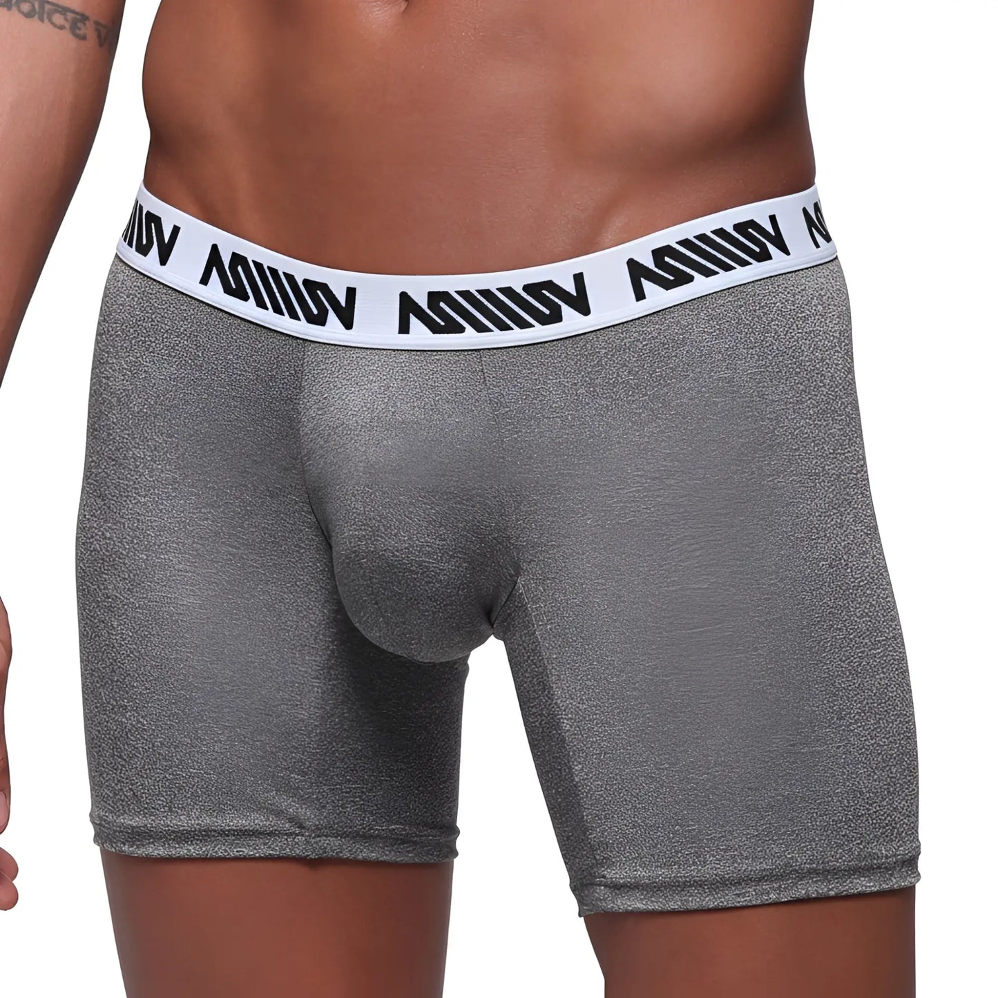 MetroMaleWear heather mid boxer 10 inch gray heathered briefs with white waistband and black logo text