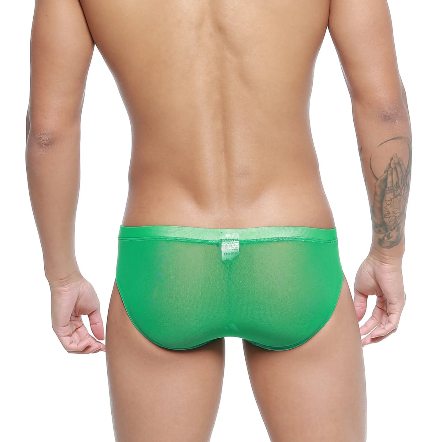 Bright green sheer mesh briefs with solid elastic waistband from metromalewear hierba bikini 5103-m17