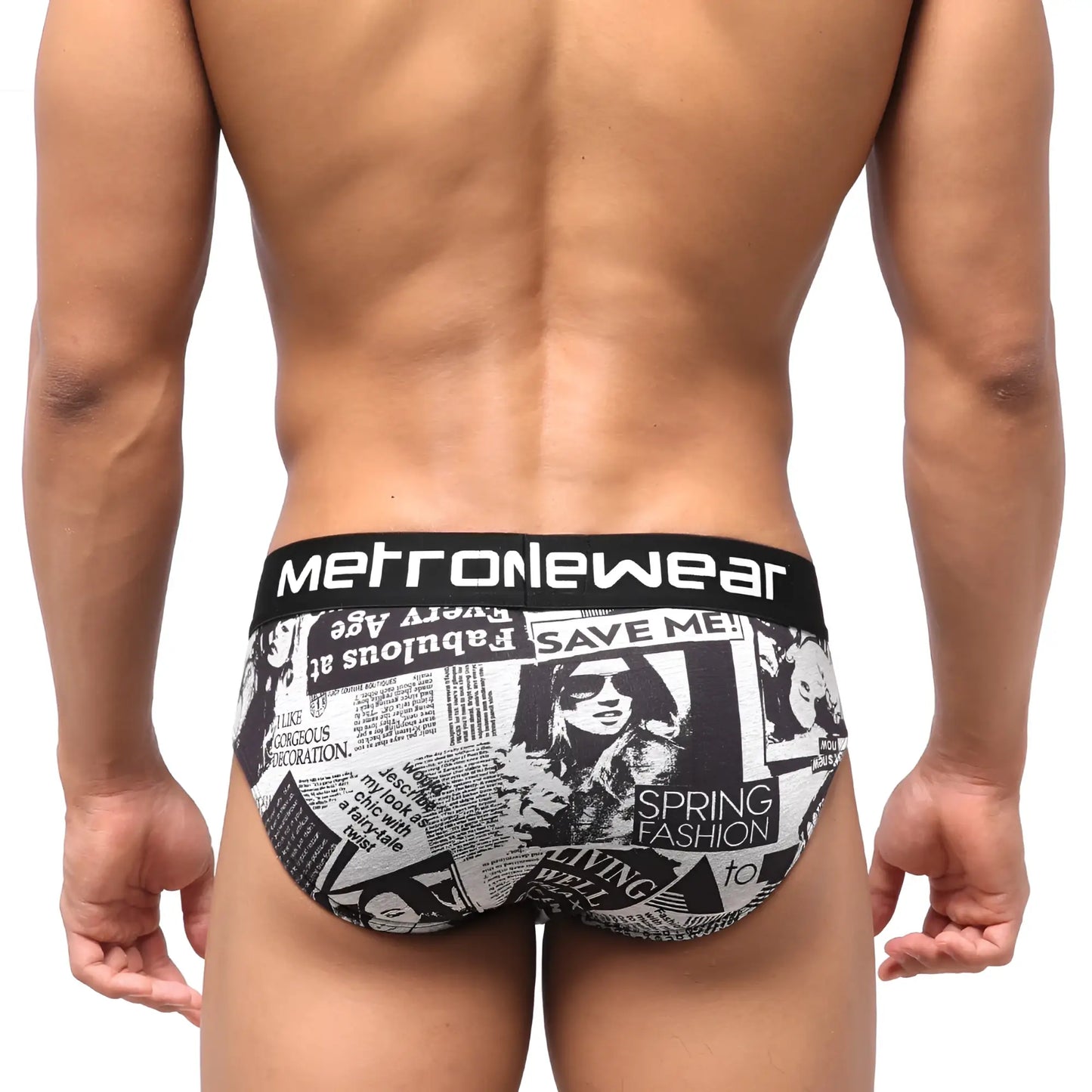 MetroMalewear highcut hip brief in black and white newspaper print with bold metrowear waistband