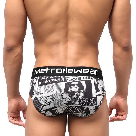 MetroMalewear highcut hip brief in black and white newspaper print with bold metrowear waistband
