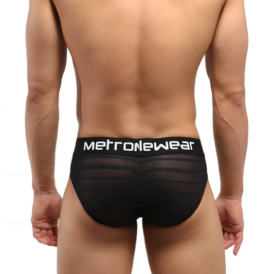 Black mesh metro male wear highcut hip brief with white logo waistband and stripe detailing