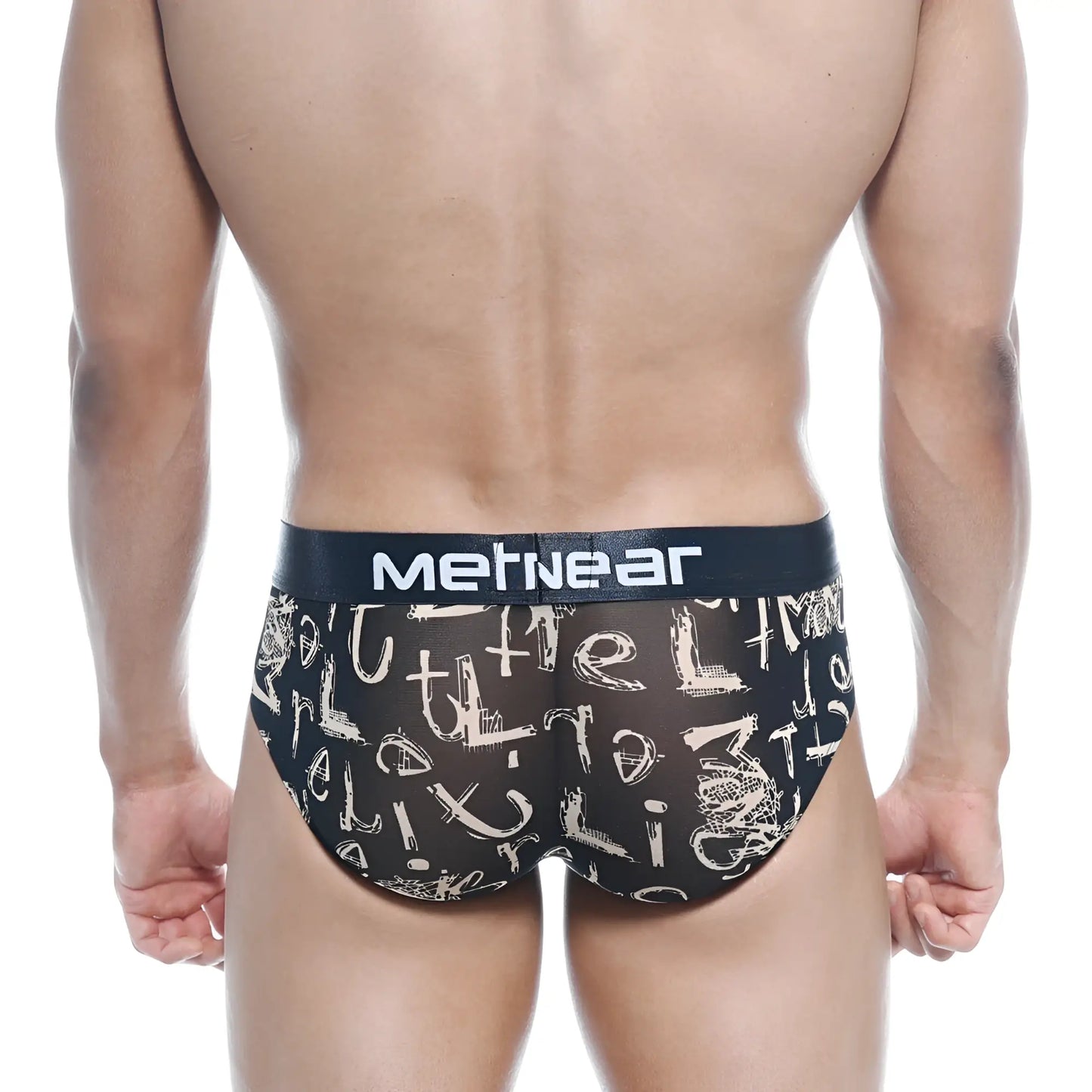 Black mesh metroMalewear hip briefs with white graffiti lettering and black waistband featuring mertnear brand name