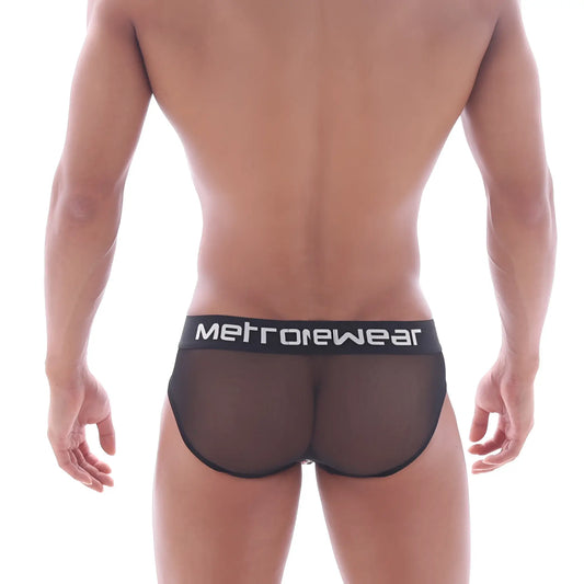 Black mesh briefs with a black metrowear logo waistband from MetroMaleWear hip brief berry 5003-69