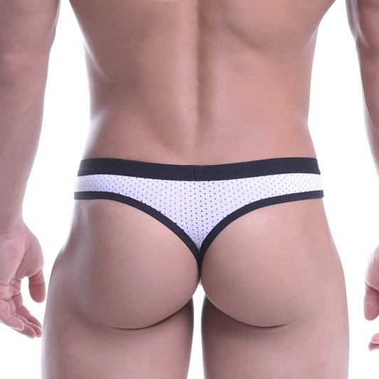 Metro male wear horizon thong white mesh briefs with black trim and subtle dot pattern front view